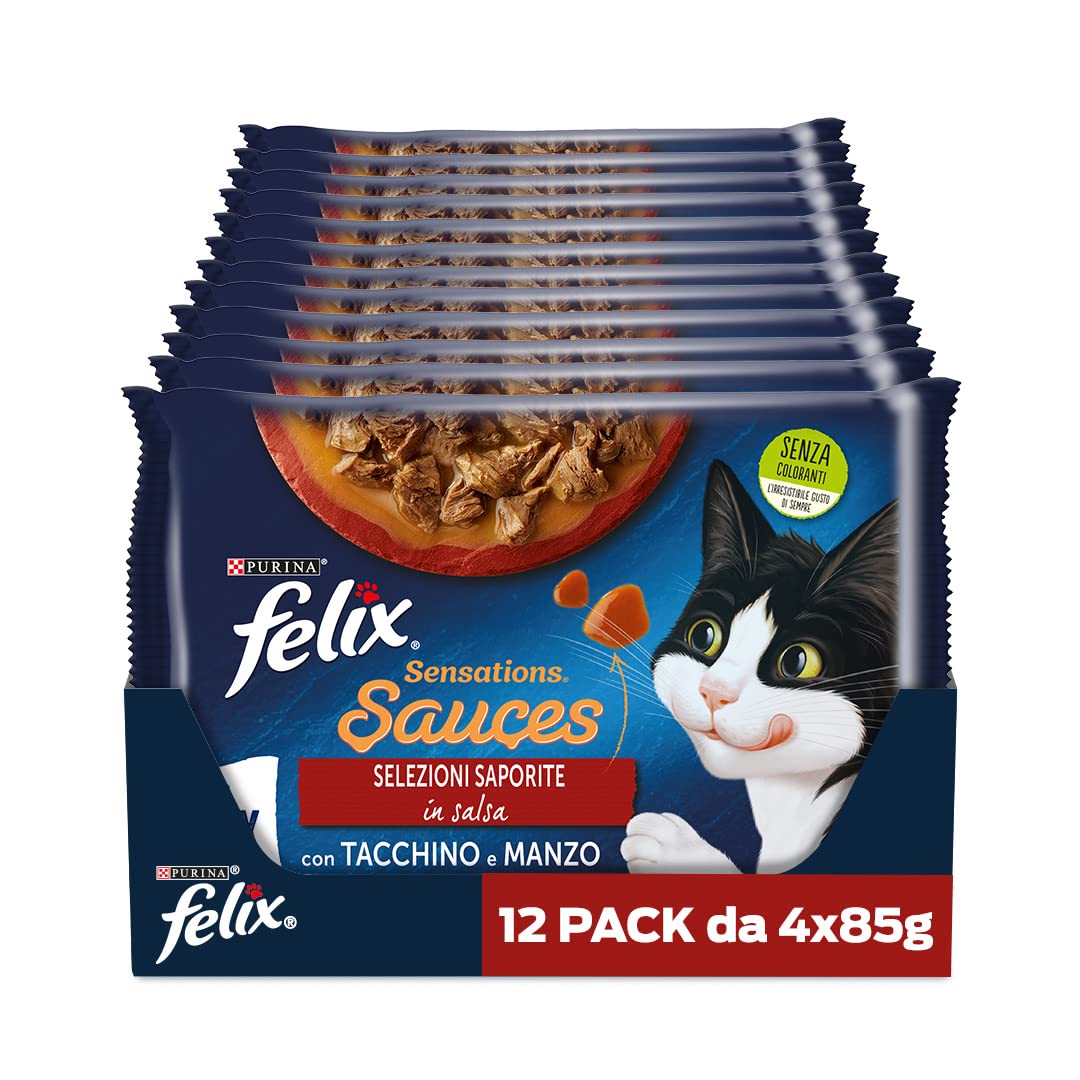 FELIX Sensations Cibo Umido per Gatti Adulti in Salsa con Tacchino e Manzo 48 Buste da 85g