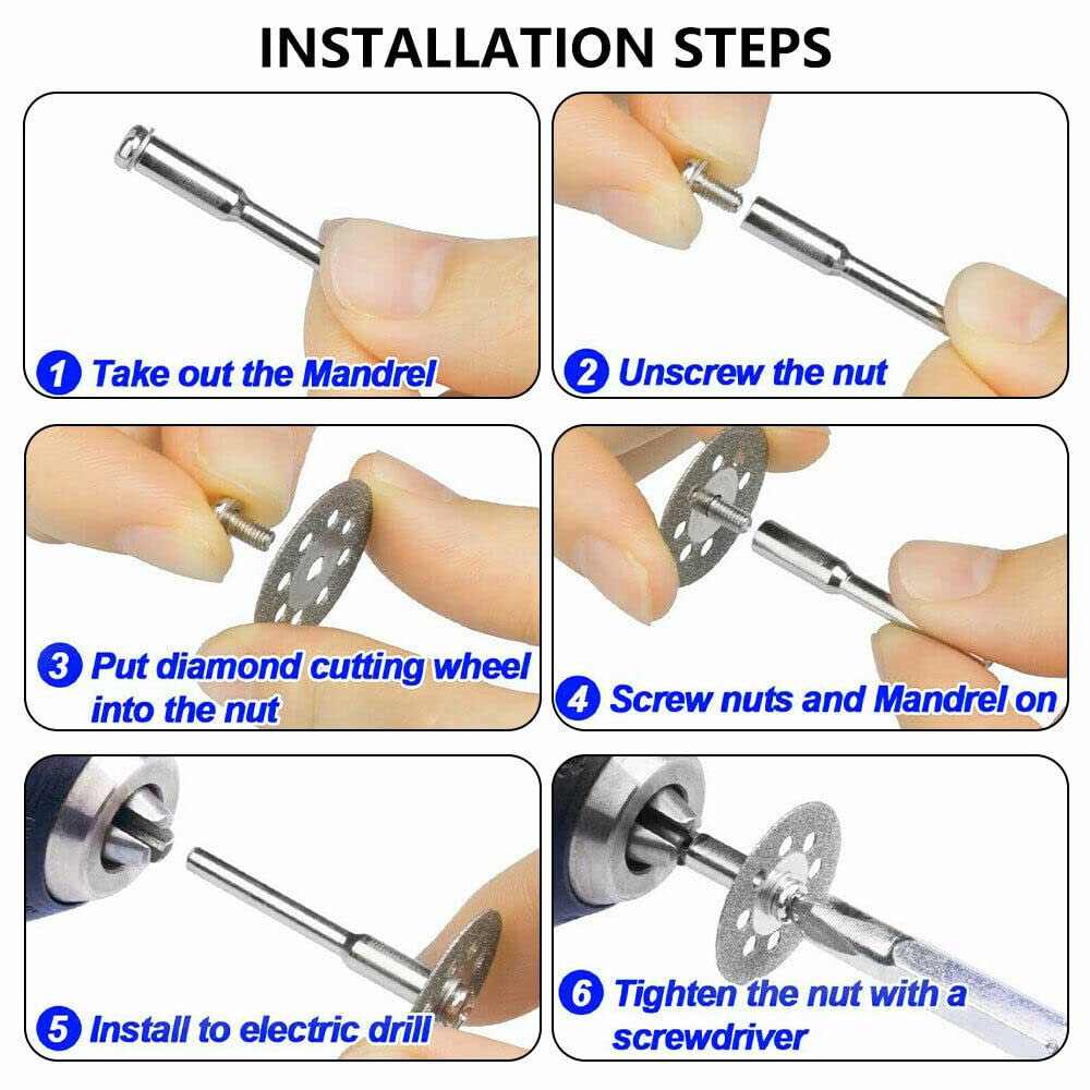 40Pcs Diamond Cutting Wheel Kit 545 Cut Off Discs Coated for Rotary Tools with 8 Pcs 3mm Mandrel and 2 Pcs Cross Crystal Screwdriver for Cutting Gem Stones, Ceramics, Glass (25/22/18/16mm Each 10Pcs)