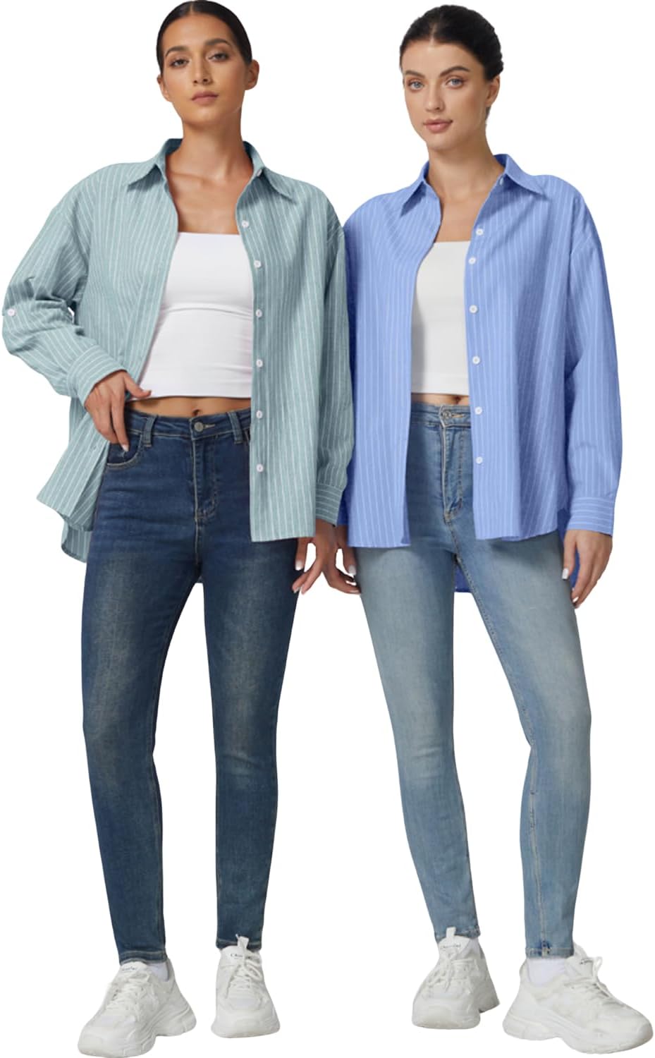 QINSEN Oversized Button Down Shirts for Women Long Sleeve Striped Casual Blouse Cotton Tops - Image 6