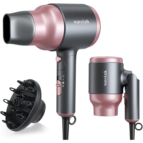Wavytalk Portable Hair Dryer with Diffuser, Foldable Mini Hair Dryer with Lightweight Design, 1600W Small Hair Blow Dryer with Diffuser for Curly Hair Fast Drying, Grey