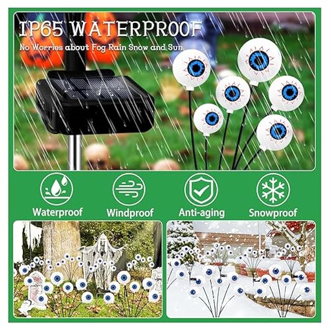 Kohlrabi Halloween Decorations Outdoor, 4 Pack 24 LED Solar Scary Eyeball Swaying Lights, Green Solar Firefly Lights Waterproof Outdoor Garden Light for Halloween Yard Garden Lawn Party Flower Bed