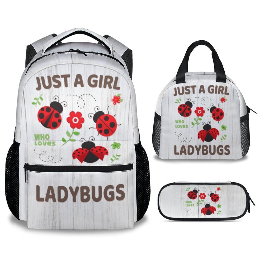 Prylqks Unisex Kids 3-3Ladybug Ladybug Kids Backpack With Lunch Box, Set Of 3 School Backpacks Matching Combo, Cute Grey Bookbag And Pencil Case Bundle