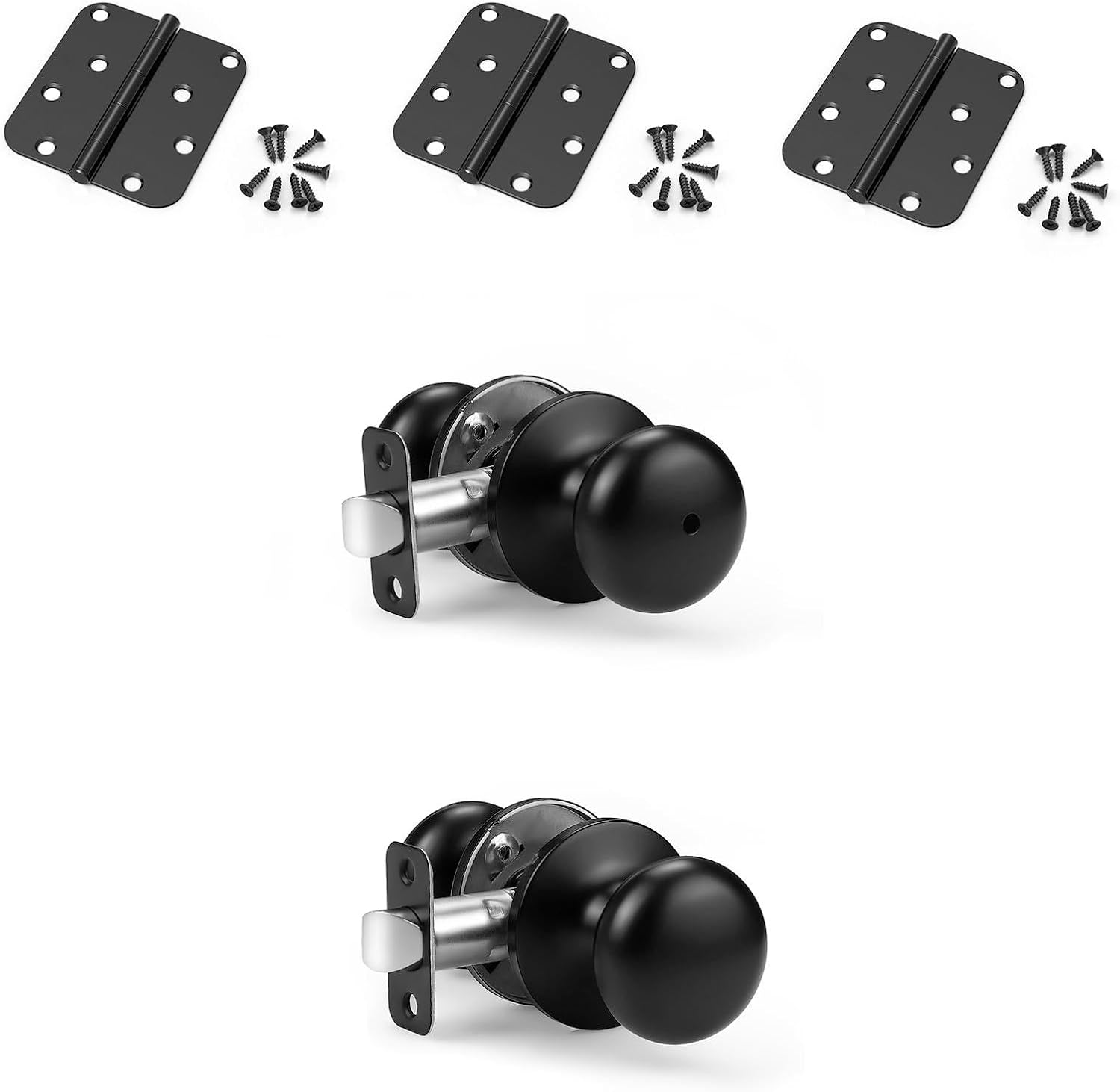 KNOBWELL 3 Pack 4 Inch Door Hinges,1 Pack Privacy Door Knob and 1 Pack Passage Door Knob Matte Black