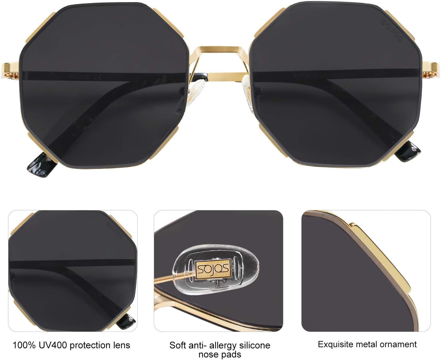 SOJOS Sunglasses for Women Men Classic Retro Polygon Shades UV400 - Image 4