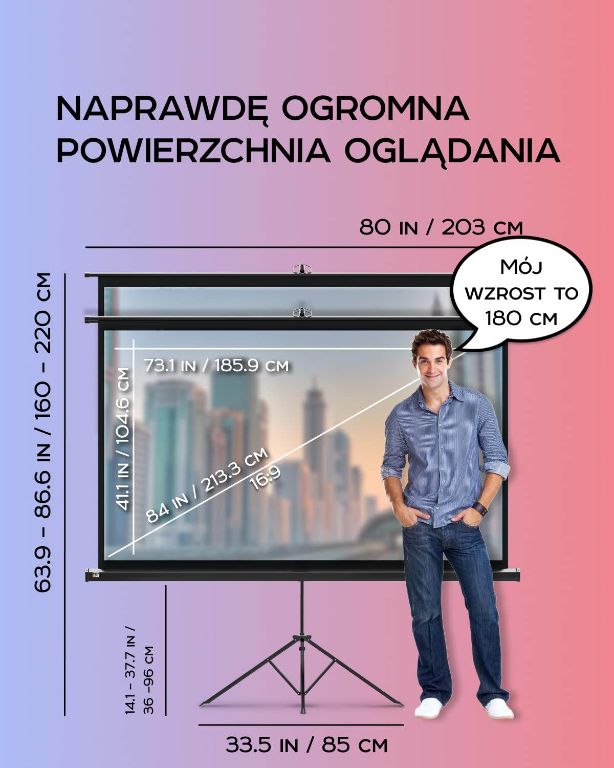 PropVue Ekran projektorowy z podstawą 84" - Ekran projekcyjny do wewnątrz i na zewnątrz do prezentacji filmowej lub biurowej - 16:9 HD Premium bez zmarszczek z statywem i mocnym paskiem, z torbą