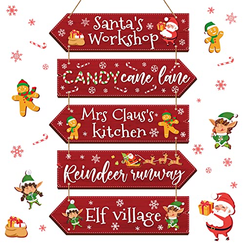 Wooden Christmas Sign Rustic Hanging Arrow Signs Christmas Party Directional Sign Gingerbread Wood Signs Home Decor Red Santas Workshop Sign Wall Hanging Decor for Home Outdoor Indoor Simple