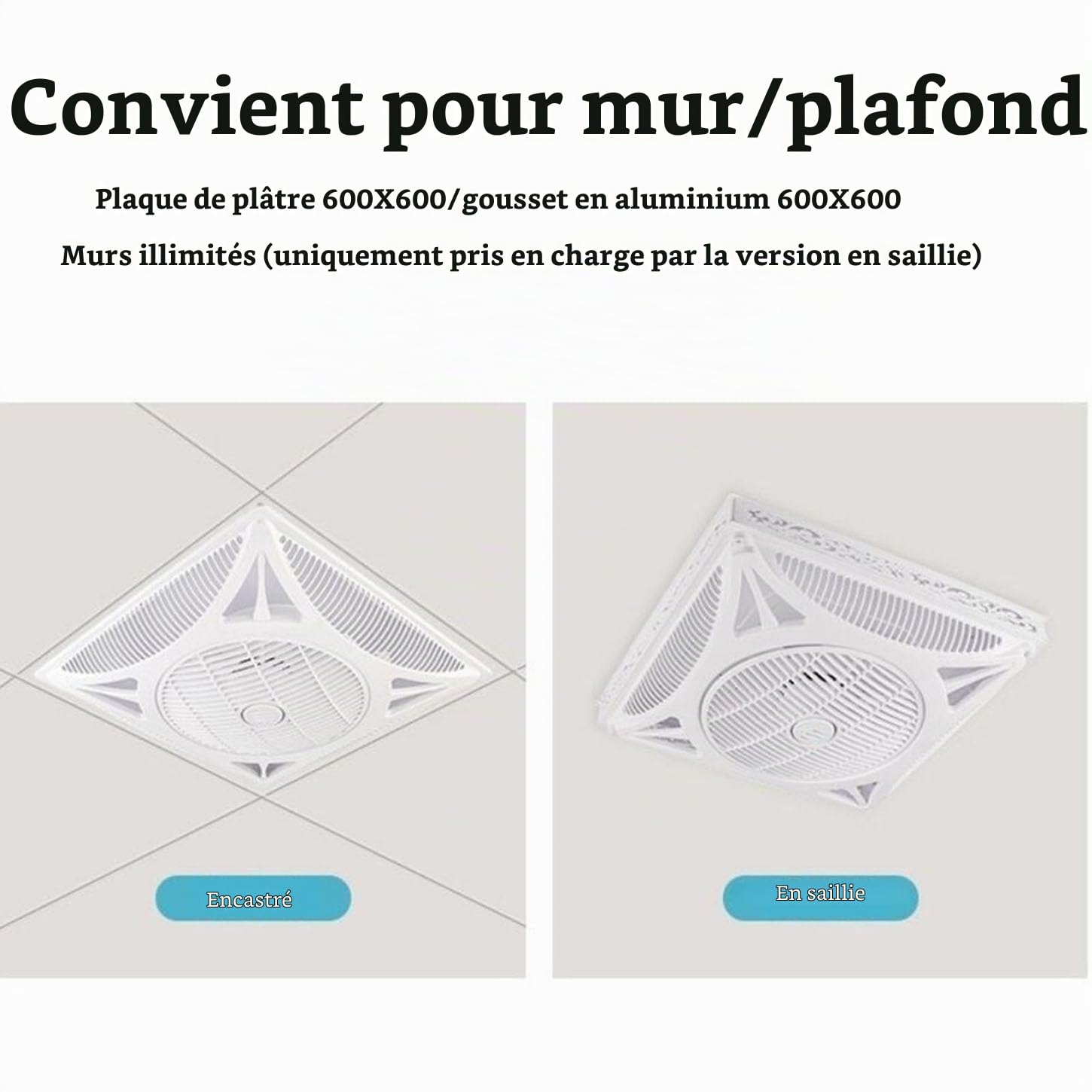 Ventilateur Extracteur avec Lumière LED,Extracteur d'air Salle De Bain 600 * 600Mm,Extracteur Air Chaud Plafond Et Montage Mural,Télécommande sans Fil,pour WC, Cuisine,Cave