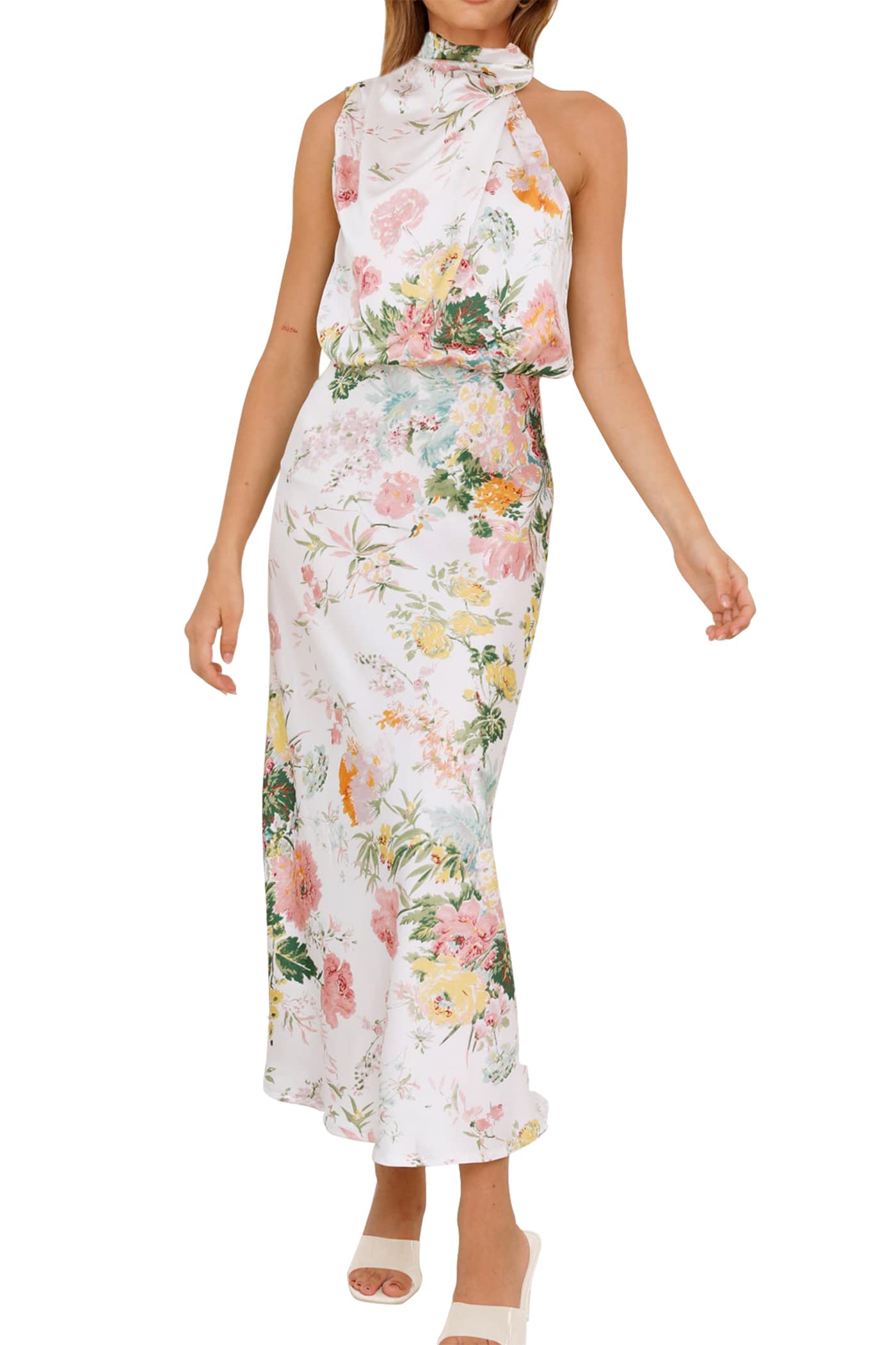 PRETTYGARDEN Women's 2026 Summer Satin Dress Elegant Sleeveless Mock Neck Cocktail Party Maxi Dresses