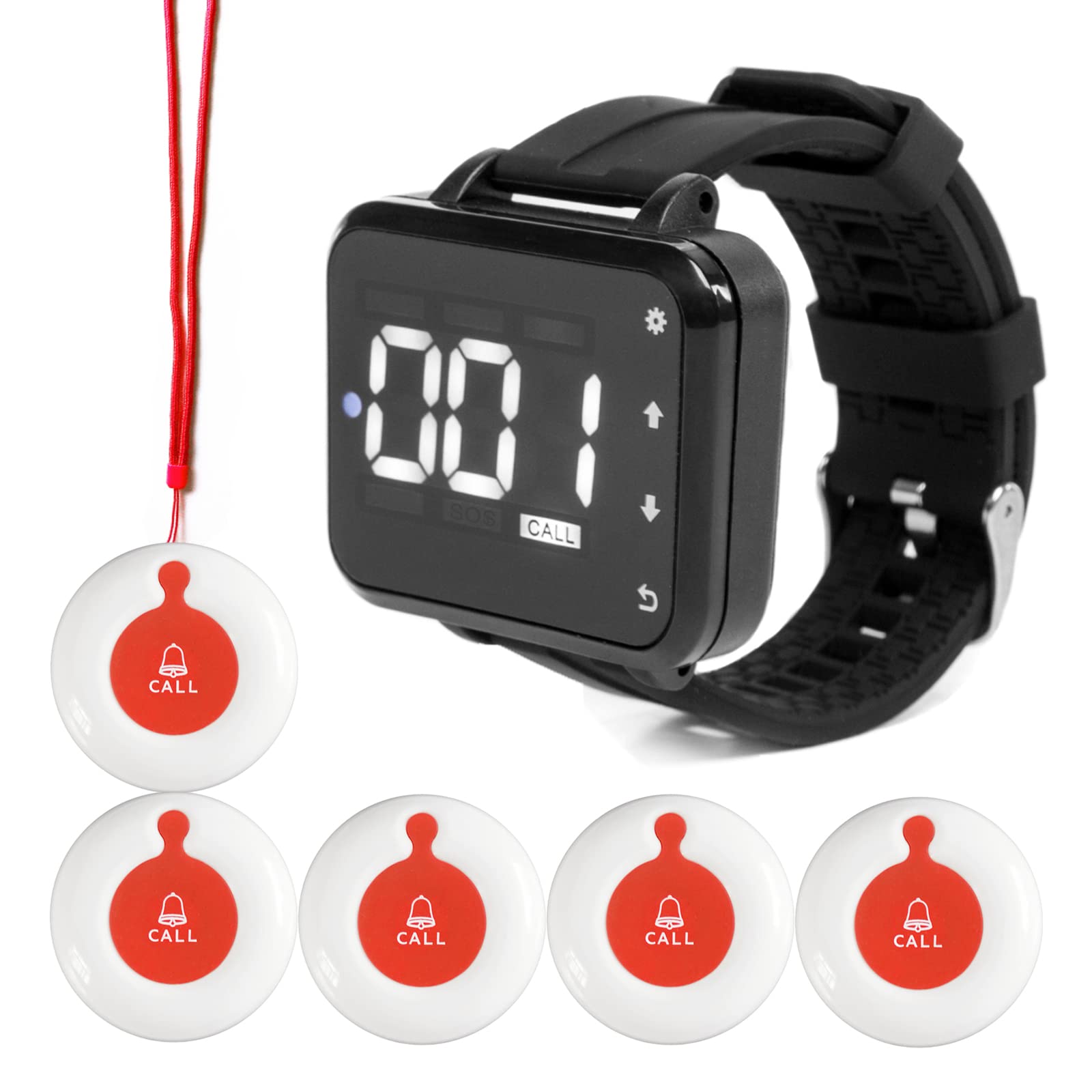 Caregiver Pager Wireless Calling System Vibration Sound Alarm Service for Hospital Clinic Nursing Home Restaurant 1 Watch Pager 5 Call Button for Elderly Patients Seniors (White-Red 1+5)