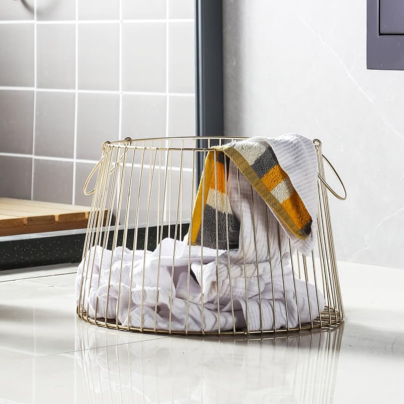 Wäschekorb Goldener Gusseisen-Metall-Aufbewahrungskorb for Zuhause, Hotel, Badezimmer, schmutzige Kleidung, Wäsche, Spielzeug, Kleinigkeiten, Organizer Wäschesammler