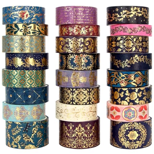 Hwook Gold Foil Washi Tape Set 24 Rolls Vintage Dark Academia Aesthetic Baroque Gothic Jewel Tone Decorative Tape for Junk Journal Supplies Scrapbook Planner Gift Box (3 Sizes)