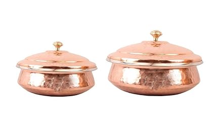 STREET CRAFT Handicraft Set of 2 Steel Copper Handi Bowl with Lid Serveware and Tableware Capacity 700 ML