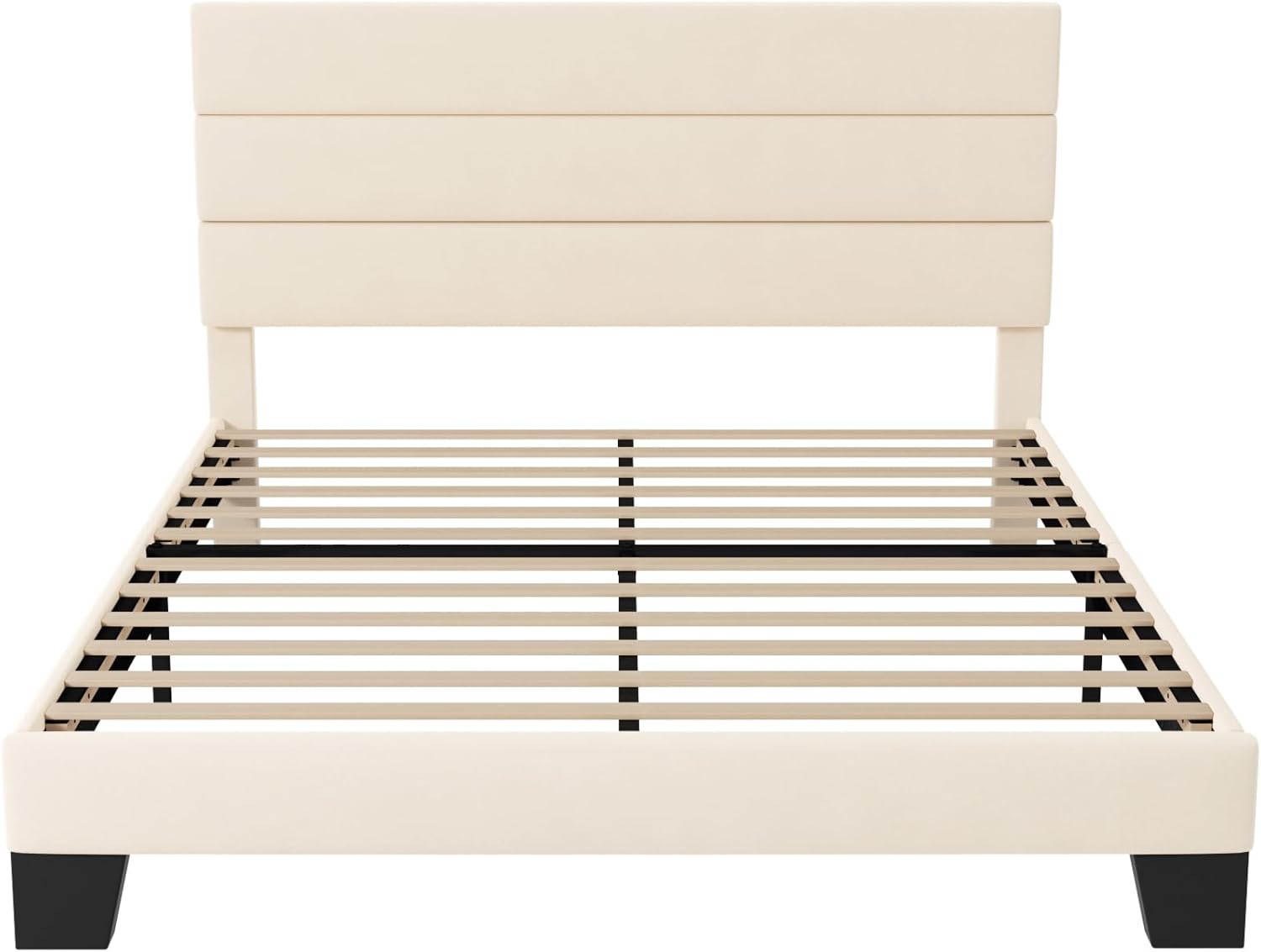 Allewie Queen Size Platform Bed Frame with Velvet Upholstered Headboard and Wooden Slats Support, Fully Upholstered Mattress Foundation/No Box Spring Needed/Easy Assembly, Cream