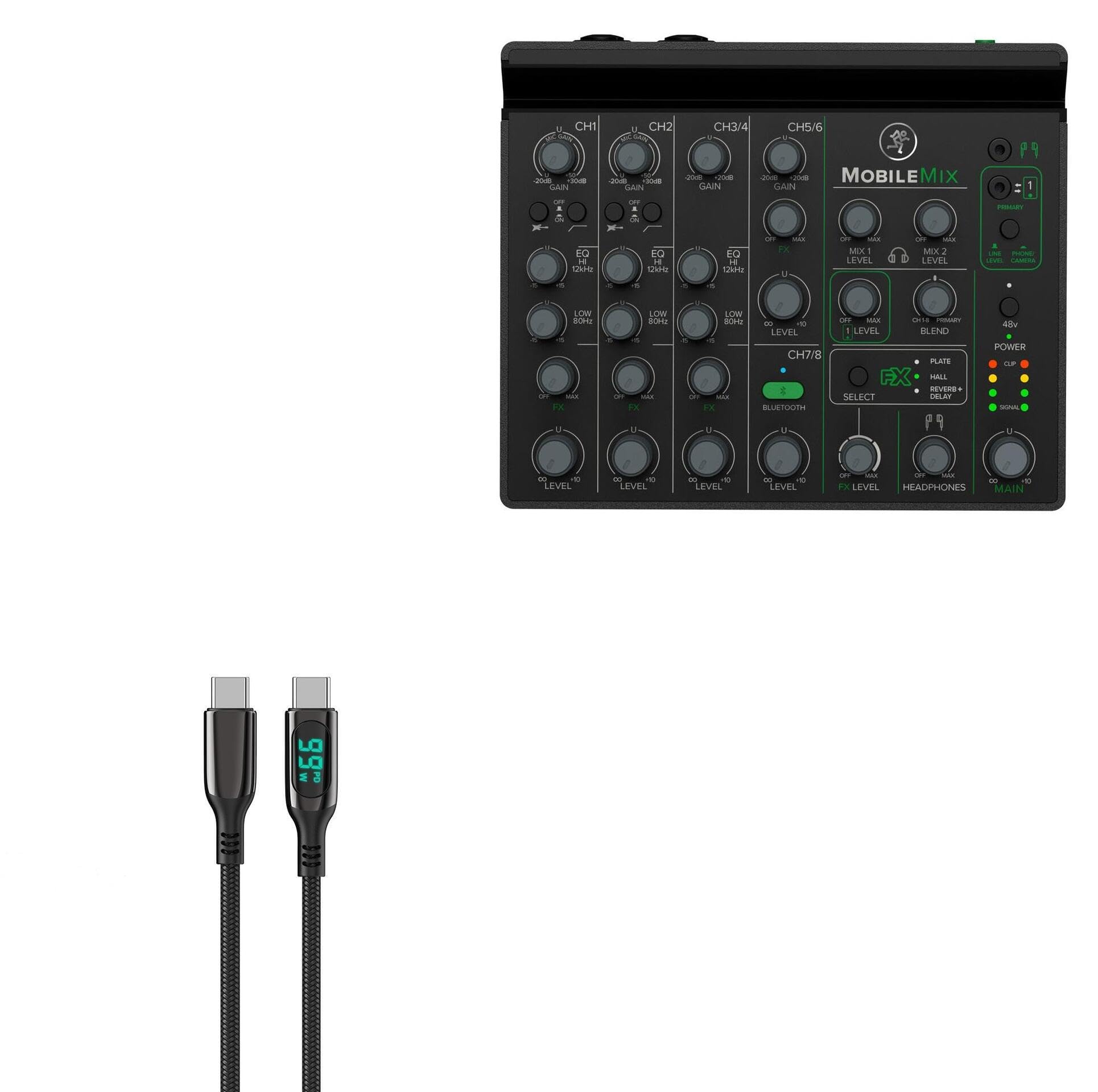 BoxWave Cable Compatible with Mackie MobileMix 8-Channel Live Sound and Streaming Mixer - PowerDisplay PD Cable (6ft) - USB-C to USB-C (100W), LED Wattage Info Extra Long Braided Nylon - Jet Black