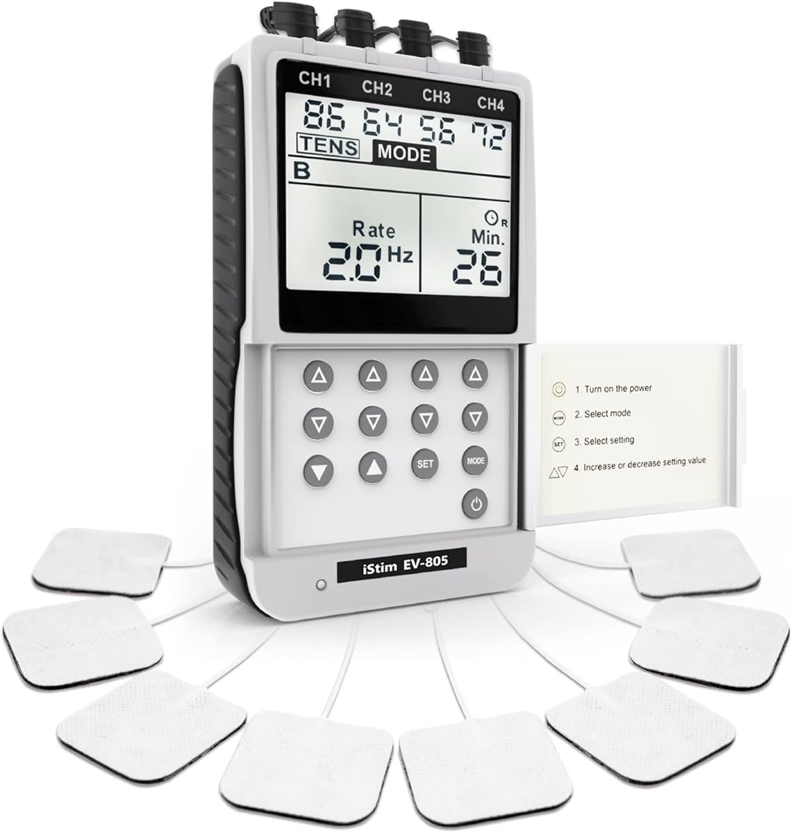 iStim EV-805 4Channels TENS EMS electrotherapy Machine, Muscle Stimulator, TENS Machine for Back Pain, Nerve Pain Relief, Muscle &amp; Nerve stimulators, EMS Machine Muscle Building, 16 Pads, AA Battery