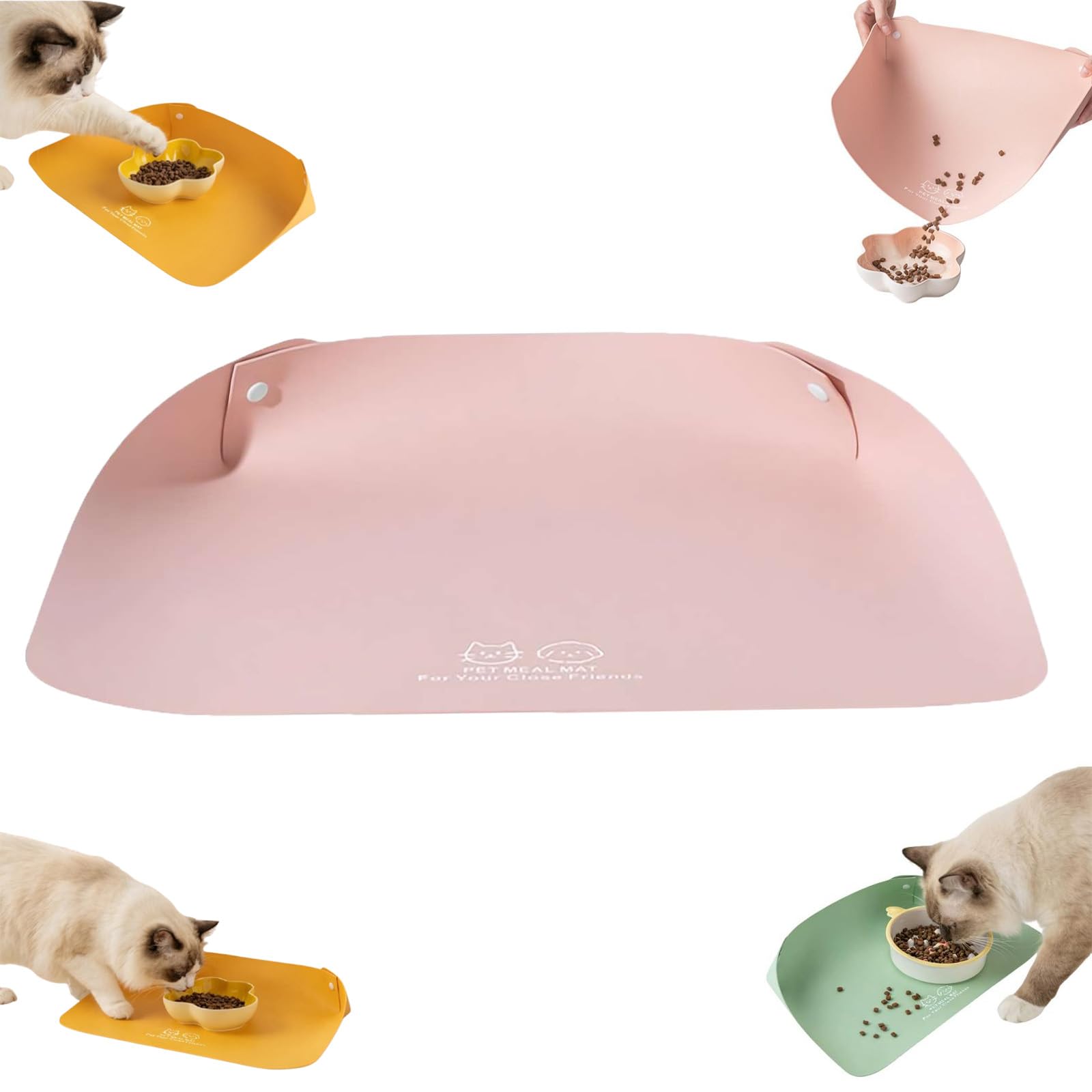 Cat Food Mat, Faux Leather Pet Feeding Mat with Snap-Button Raised Edge | Anti-Slip Waterproof Dog Bowl Placemat for Food and Water, Easy Clean Wipeable Floor Protector, 50x35 cm