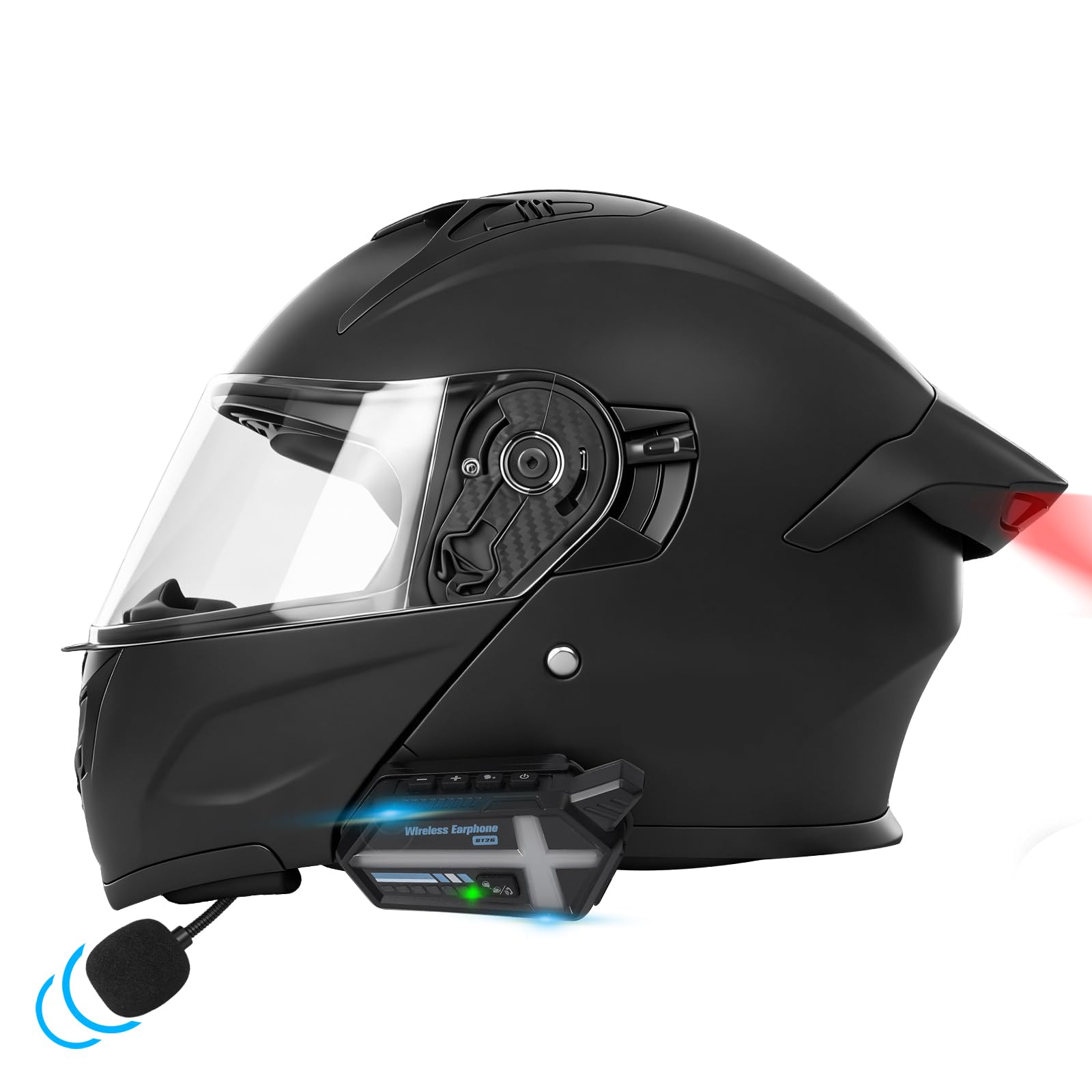 Bluetooth Modular Motorcycle Helmets with Tail Lights, DOT Certified Flip-Up Dual Visor Full Face Helmets for Men & Women Moto ATV UTV Snowmobile ADV Four Wheeler Street Bike