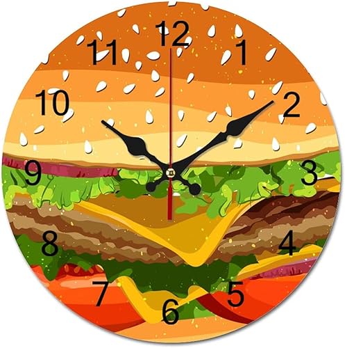 Cheeseburger Fast Food Pattern Reloj de pared redondo de madera decorativo para el hogar, cocina, oficina, casa de campo, 15.7 x 15.7 in