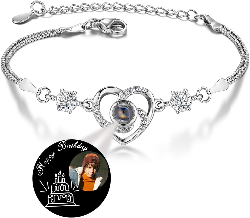 Personalized Bracelets with Picture Inside Custom Photo Projection Bracelets Customized Heart Bracelet Mothers Day Love Gifts for Women Mother