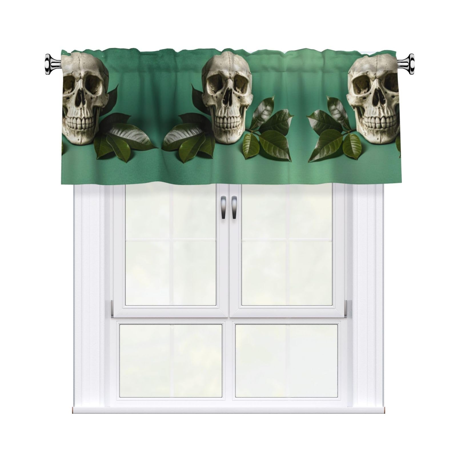 LMNGH Green Background Skull and Leaves Curtain Valance for Windows,Kitchen Window Curtains Blackout Drapes Window Treatments Decorative Rod Pocket Short Curtain for Living Room Bedroom,54" W x 18" L