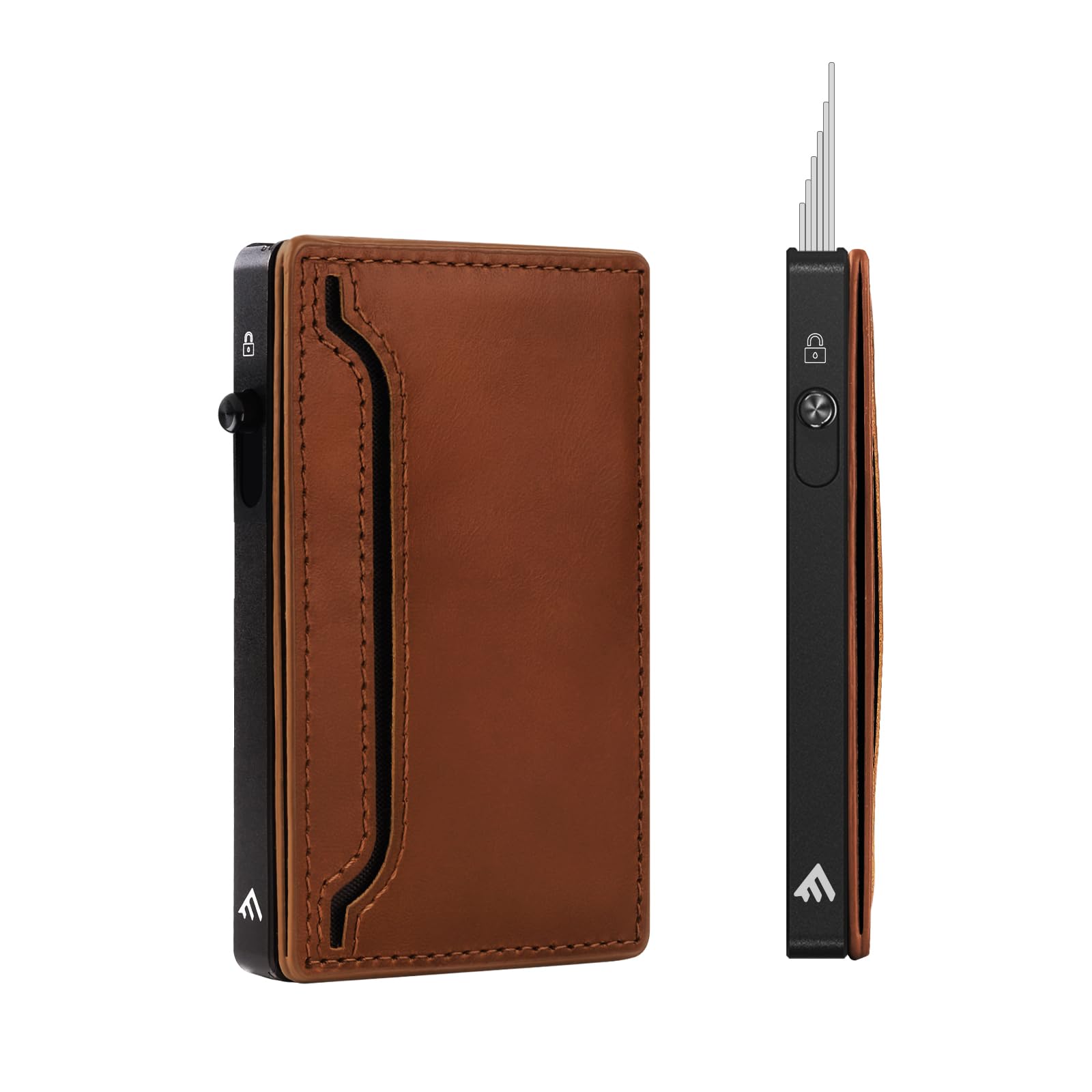 Magnetic Pop Up Card Holder Minimalist Wallet for Men, Metal Slim Credit Card Holder Leather Card Slots, RFID Blocking Compact Wallet for Men Christmas Gifts (Brown)