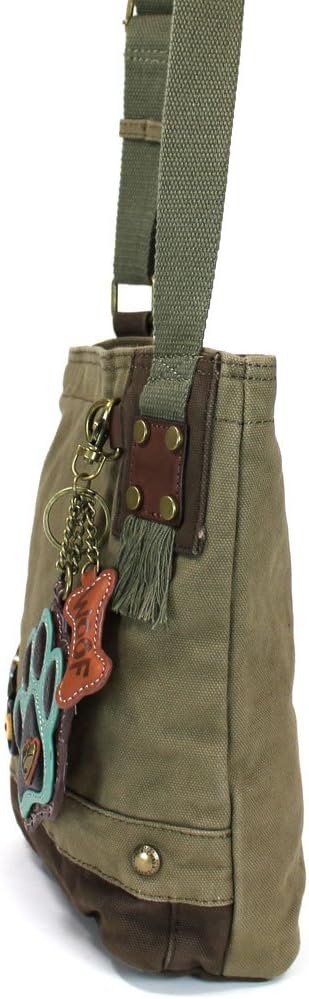 CHALA Patch Cross-Body Women Handbag, Canvas Messenger Bag - Teal Paw Print Olive
