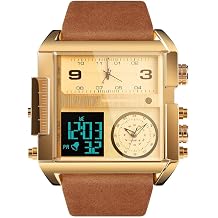 Mens Square Large Face Digital Sport Watch LED Analog Quartz Watch Multi Time Zone 50M Waterproof Stopwatch Big Gold Brown