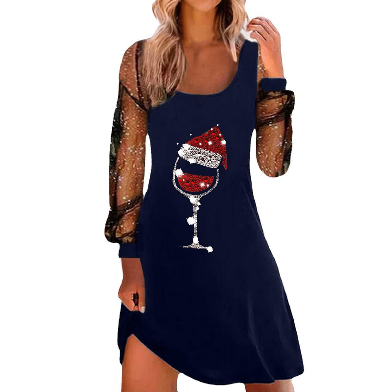 Women Christmas Dresses UK Sexy Spaghetti Strap Tank Dress with Mesh Long Sleeve Santa Xmas Dresses Plus Size Women's Soft Santa Costume for Chirstmas Party Prom