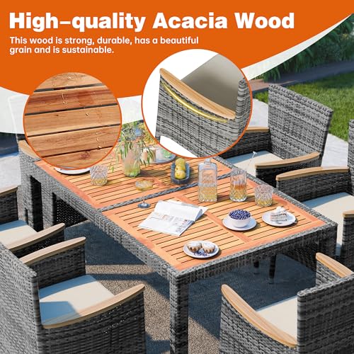 Image of Shintenchi 7 PCS Patio Dining Set, Wicker Patio Conversation Set with Wooden Table Top, Outdoor Table and Chairs with Soft Cushions for Backyard, Deck and Garden, Grey Rattan