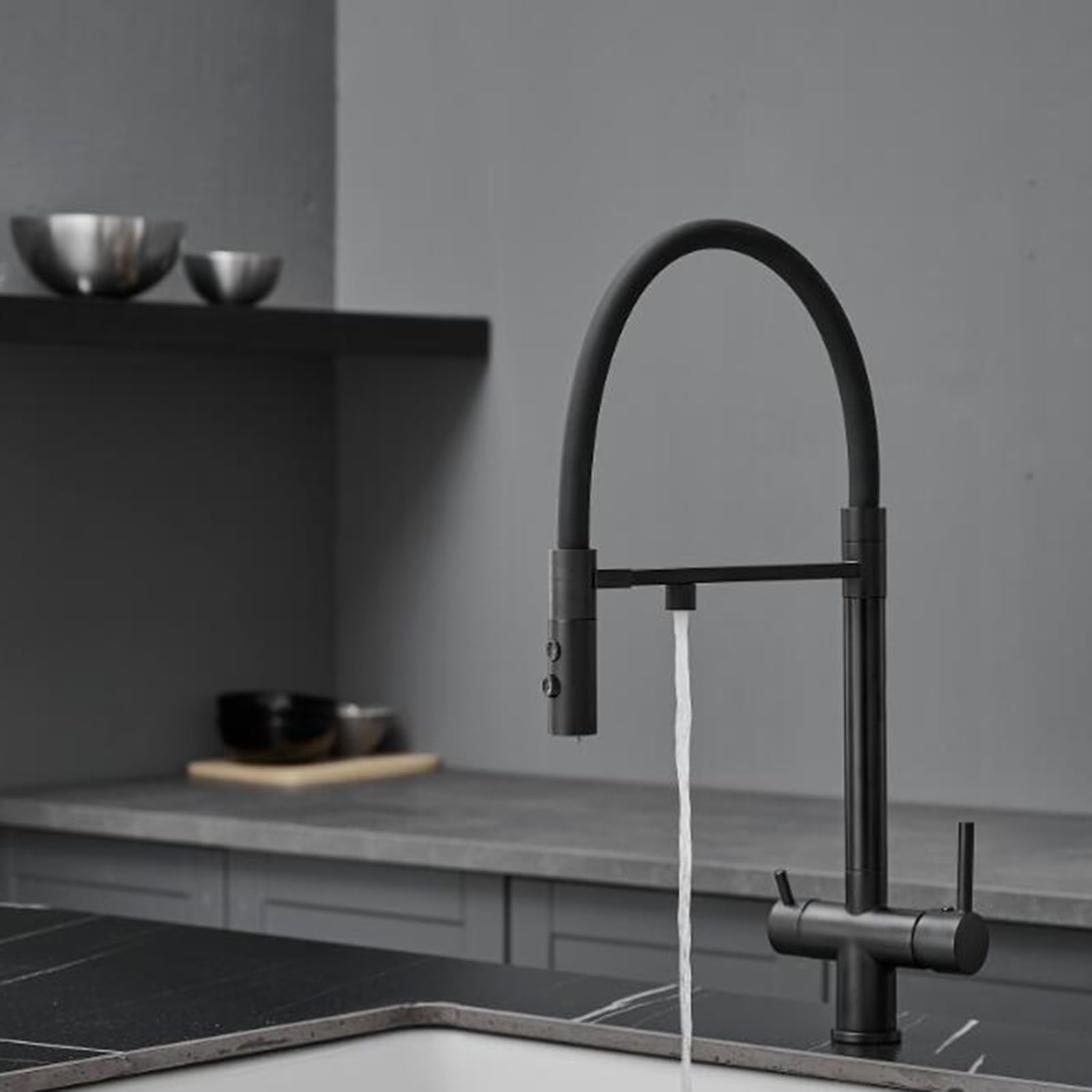 Generisch Rubinetto da Cucina Miscelatore 3 Vie in Ottone con Rotazione 360° Erogazione di Acqua Pura 3 Vie 2 Maniglie - Nero