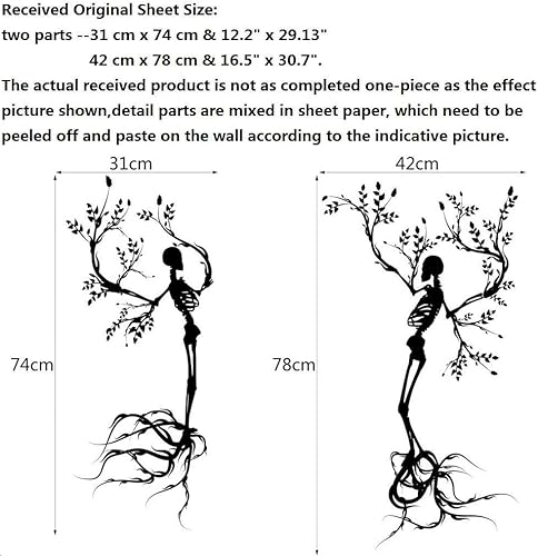 Miniatura 2 de BIBITIME Calcomanía de pared de vinilo personalizada para Halloween, diseño de árbol de calavera para pareja, diseño de esqueleto negro para sala de