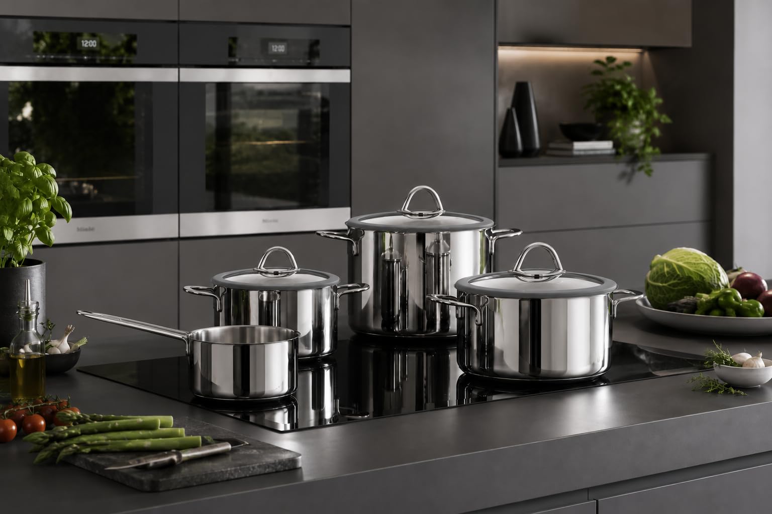 Batteria di Pentole in Acciaio Inox 18/10, 2 Pentole, 2 Casseruole e 3 Coperchi in Vetro e Silicone, Triplo Fondo, Tutti i Piani Cottura, Made in Italy