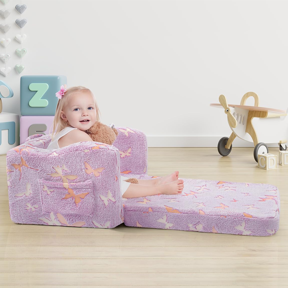 Silla para niños pequeños, sofá plegable 2 en 1, sillas convertibles para niños pequeños, cómodo sofá a tumbona con función que brilla en la oscuridad, suave para niñas y niños, mariposa 5