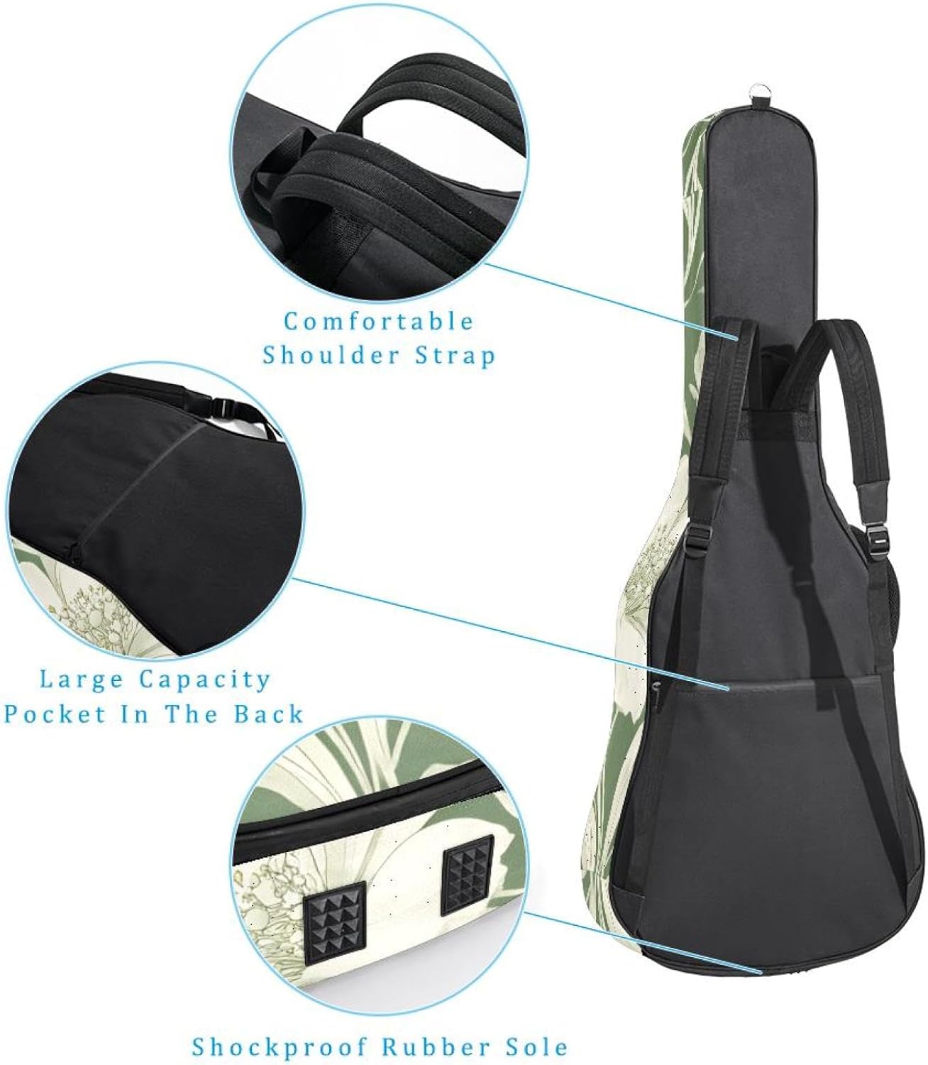 40 41 42 Inch Acoustic Guitar Bag, 0.4 In Thick Sponge Padded Guitar Case Gig Bag with Back Hanger Loop and 2 Pockets, Elegant Sage Green Floral with Flowing Leaves