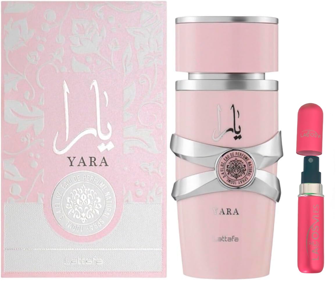 Yara Rosa Perfume Árabe, Lattafa Original 100ML - Incluye Atomizador 5ml - Lacosvi Recargable De Perfume Dulce de Frutas Tropicales, Vainilla y Sándalo - Regalo para Mujer