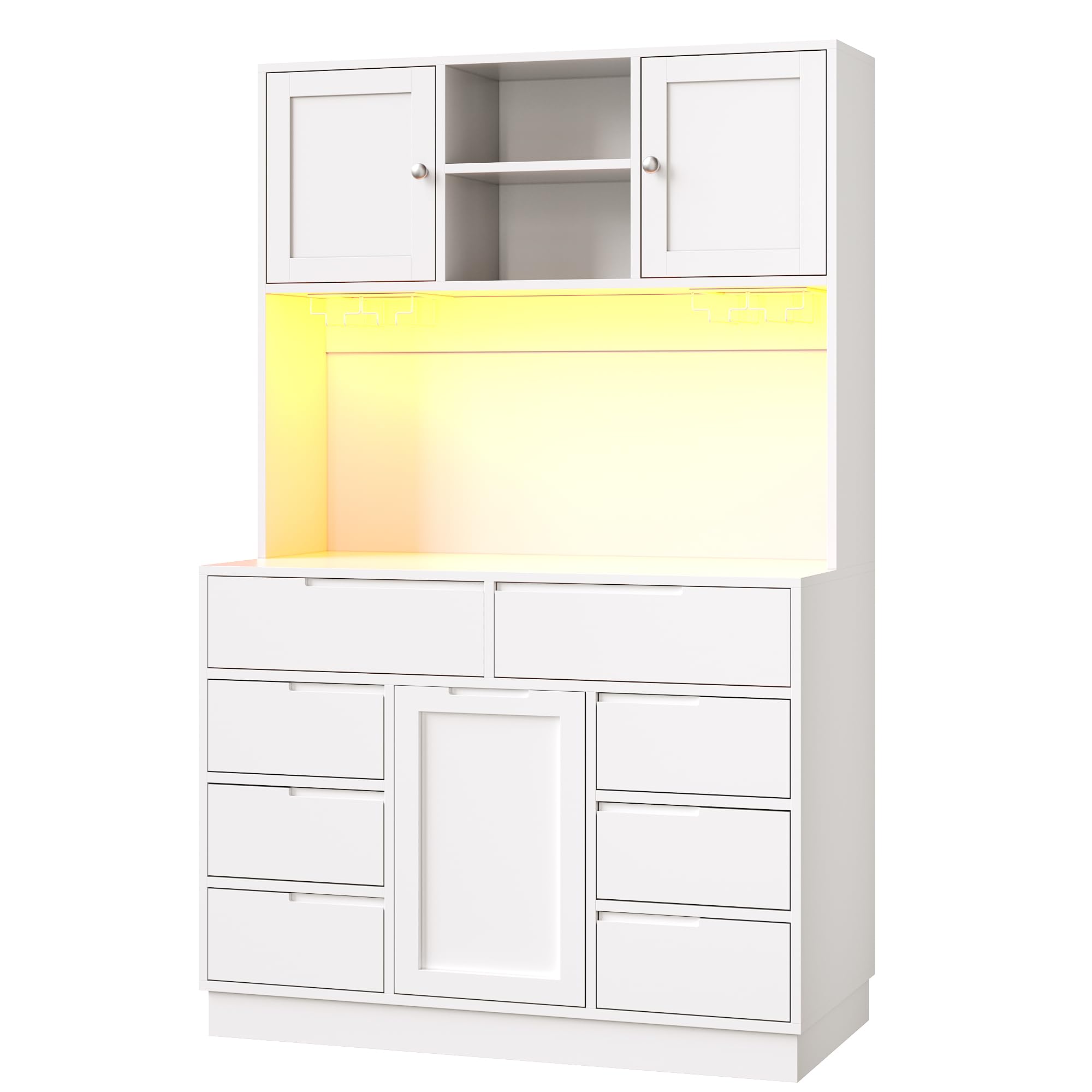 Hochschrank, Küchenschrank mit Smart LED Beleuchtung, Hochschränke fürs Wohnzimmer, 8 Schubladen, Magnetverschluss, Höhenverstellbaren Böden, 120 ×40×183.5cm, Weiß