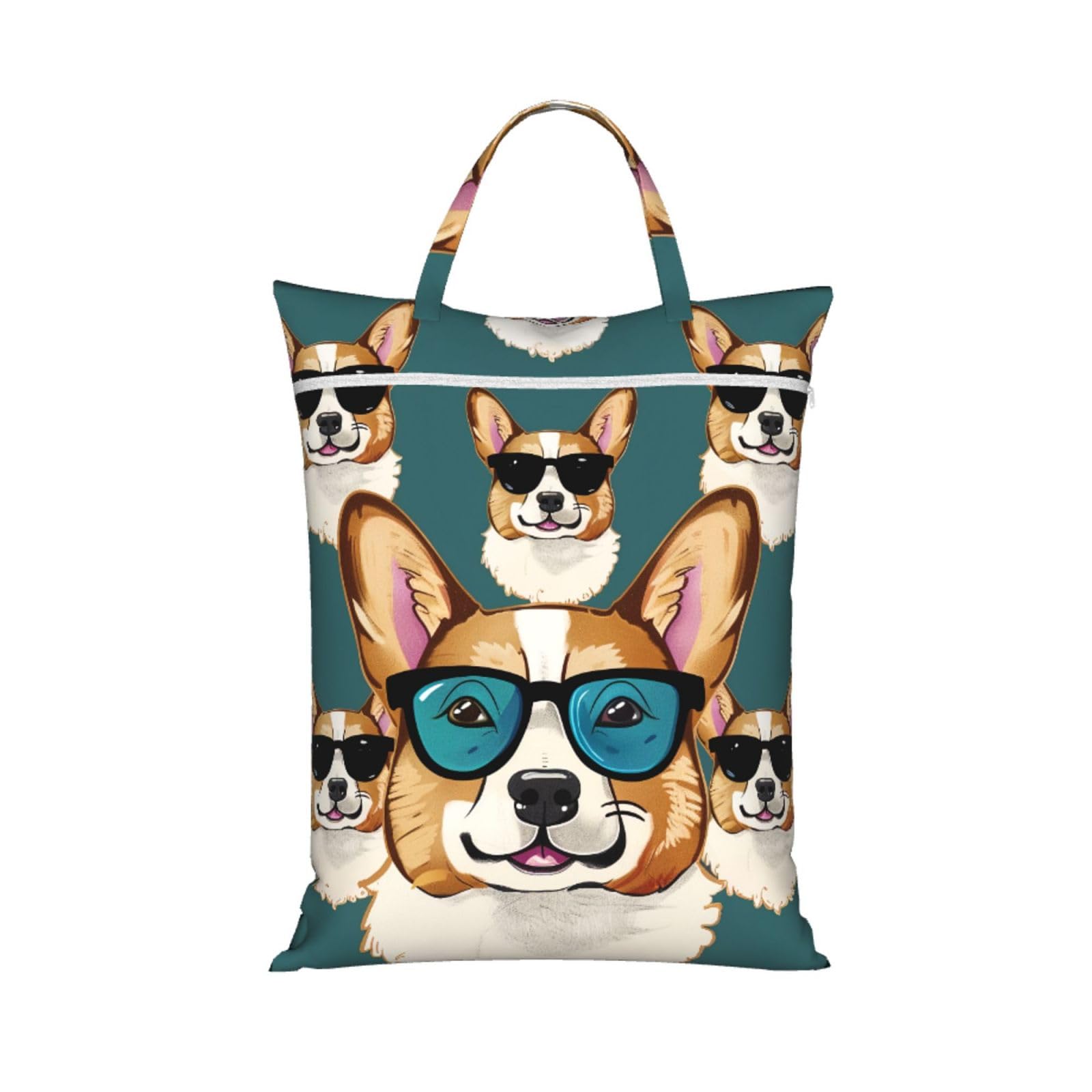 Large Travel Laundry Bags,Cute Corgi Glasses and Mustaches Print with Handle Foldable Laundry Bag for Holidays Gym Swimming and Family Trips, 1Pcs