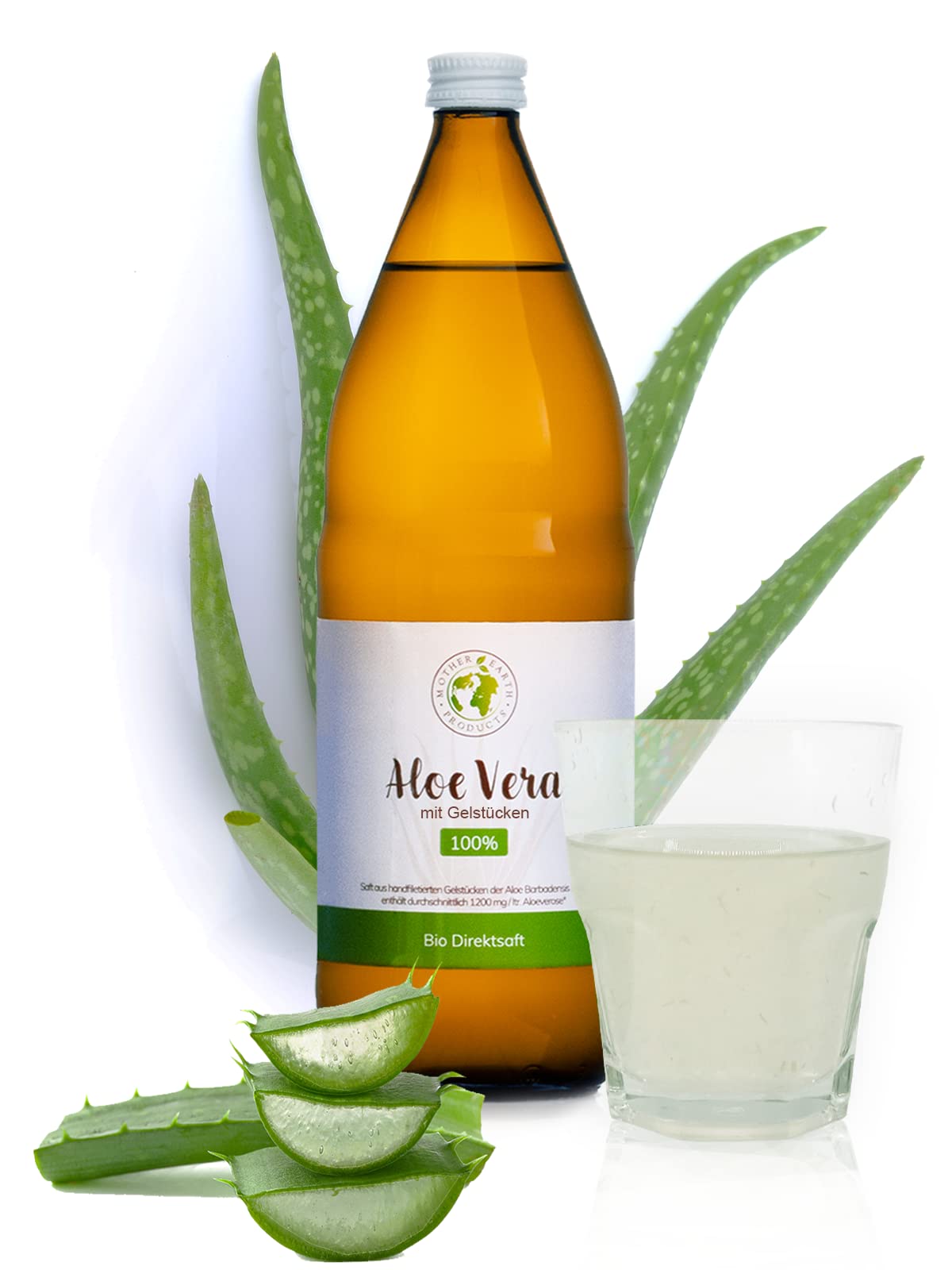 Mother Earth Products | 100% Bio Aloe Vera Direktsaft mit Gelstücken ohne Zusätze | Reines inneres Gel des Aloe Vera Blattes zum trinken | 1200mg/l Aloverose | 6 x 1000 ml