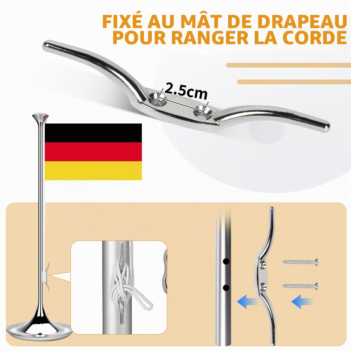 DBREAKS Kit D'accessoires pour Mât de Drapeau, Kit de Pièces de Réparation avec Pointe de Boule Dorée, Ø 5,1 cm Topper avec Poulie, Corde en Nylon de 15 m, Mousqueton, Taquet, pour Déco Maison, Doré