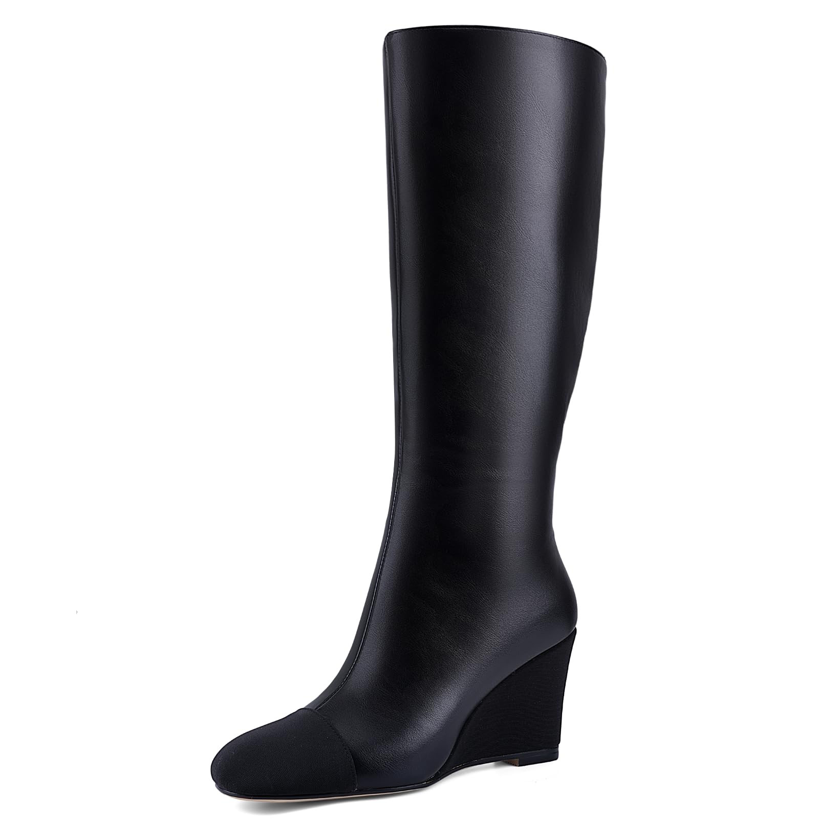 Womens Knee High Wedge Boots with Round Toe and Side Zipper Fashion Splice Design for All-Day Comfort and