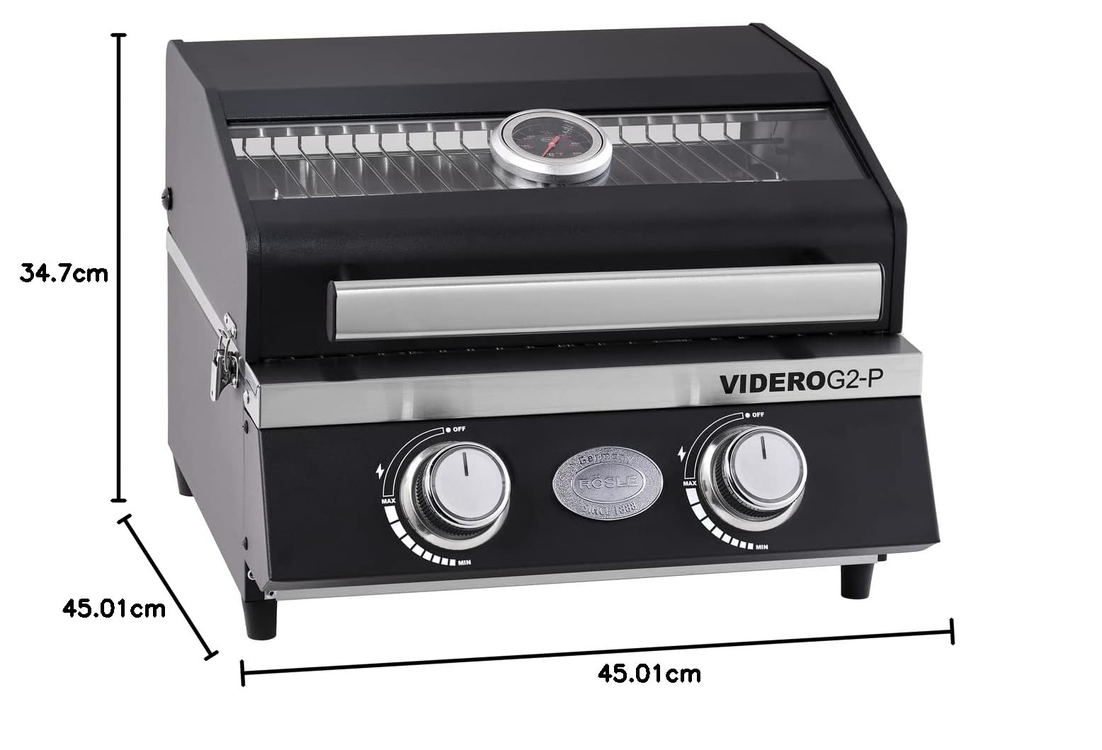 RÖSLE Gasgrill BBQ-Portable VIDERO G2-P, 2 Edelstahlbrenner, Thermometer | Tragbarer Gasgrill mit Warmhalterost, Glaseinsatz im Deckel, pulverbeschichteter Stahl, 50 mbar, schwarz