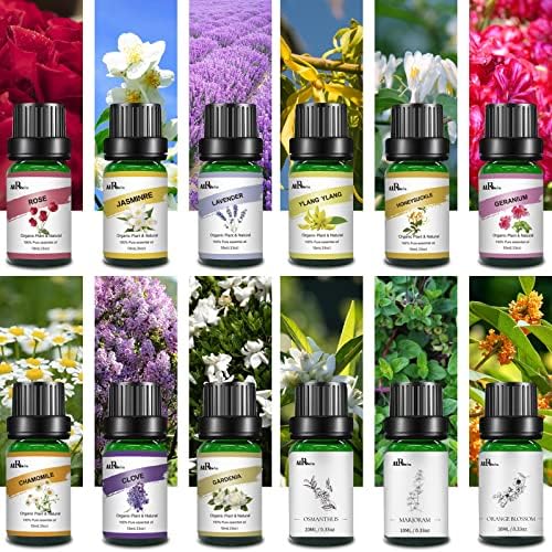 Airoomoil Floral Essential Oils Set of 12 X 10ml, Natural Flower Essential Oils for Diffusers for Home, Scented Soap Making, Candle Making, Massage - Rose, Jasmine, Lavender Essential Oil and More.