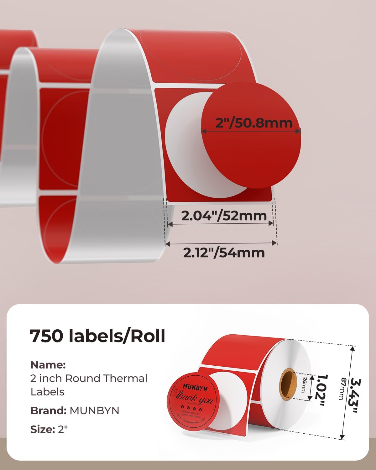 MUNBYN 2 Inch Red Round Thermal Labels, Multi-Purpose Self-Adhesive Circle Thermal Label Stickers for Business, 750 Sheets/1 Roll - Image 2