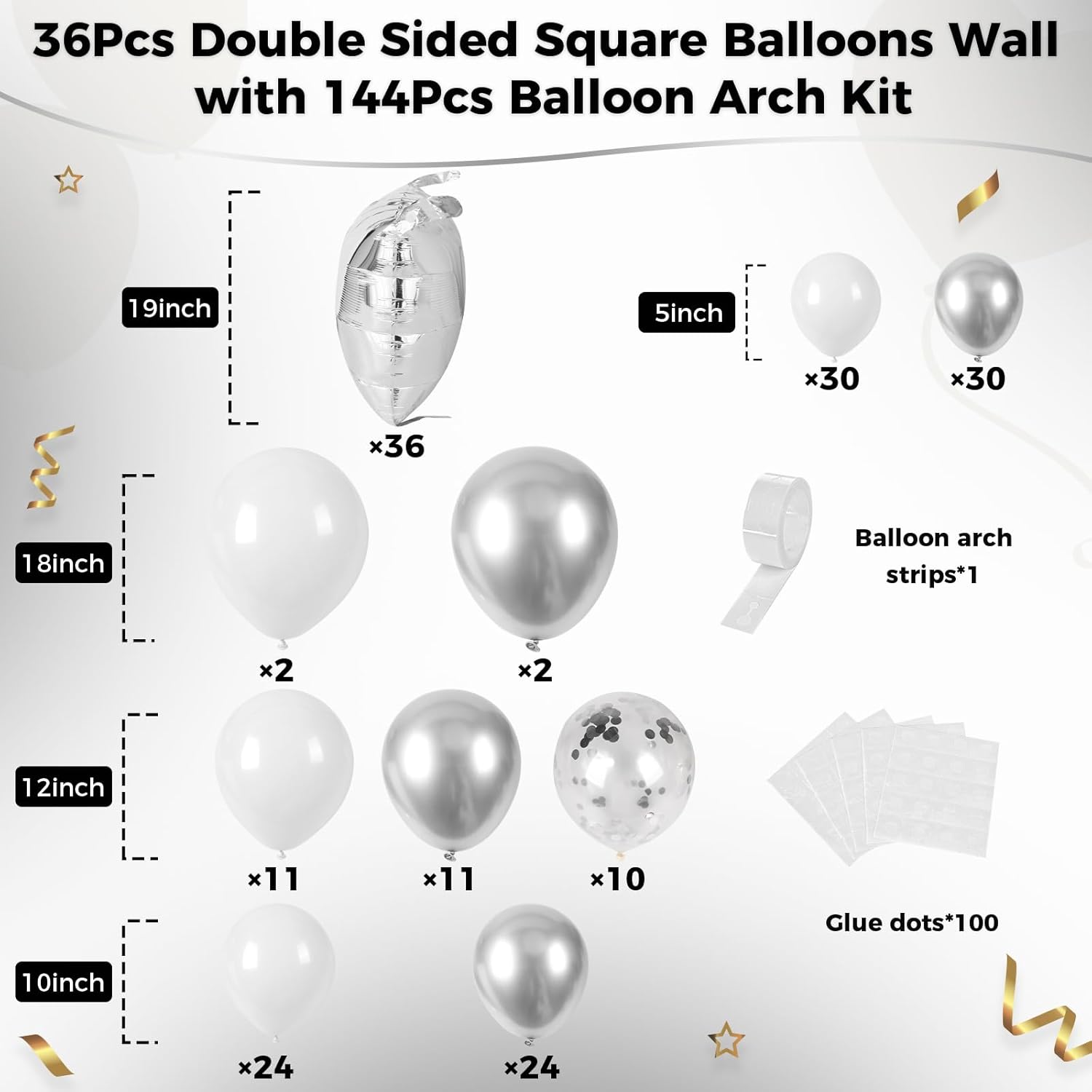 36pcs Silver Square Foil Balloons Wall Backdrop with 144pcs Balloon Garland Arch Kit, Double Sided Balloons for Bachelorette Baby Shower Birthday Anniversary Graduation Prom Party Decorations thumbnail