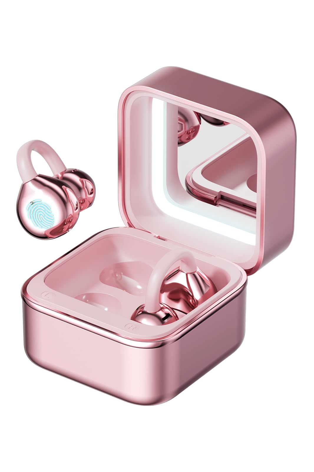 Clip on Earbuds Open Ear Headphones, Wireless Bluetooth Earbuds 6.0 with Makeup Mirror LED Light, 50H Playtime, Over Ear buds Comfortable for Women Gifts, Sports, Workouts and Glasses Wearers Pink-image-49