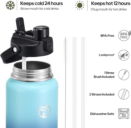 Miniatura 5 de Botella de agua aislada de medio galón con tapa 2 en 1 (tapa para beber  tapa con pajilla), botellas de agua de acero inoxidable de doble pared de