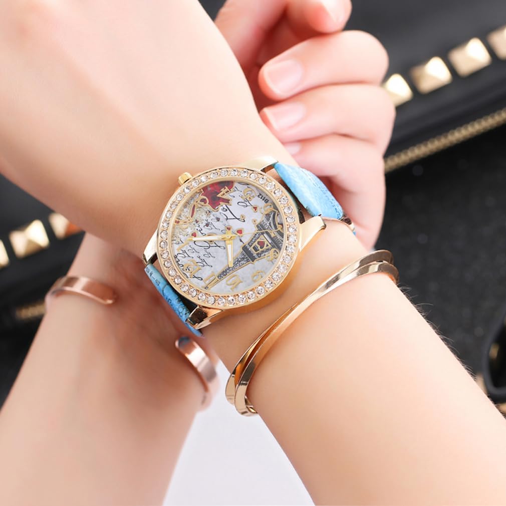 Reloj al por mayor de la correa de cuero de la PU 6 Pack Regalo del Día de la Madre Bling Rhinestone Acentuado Torre Eiffel Señoras Relojes de las mujeres, Movimiento de cuarzo 3
