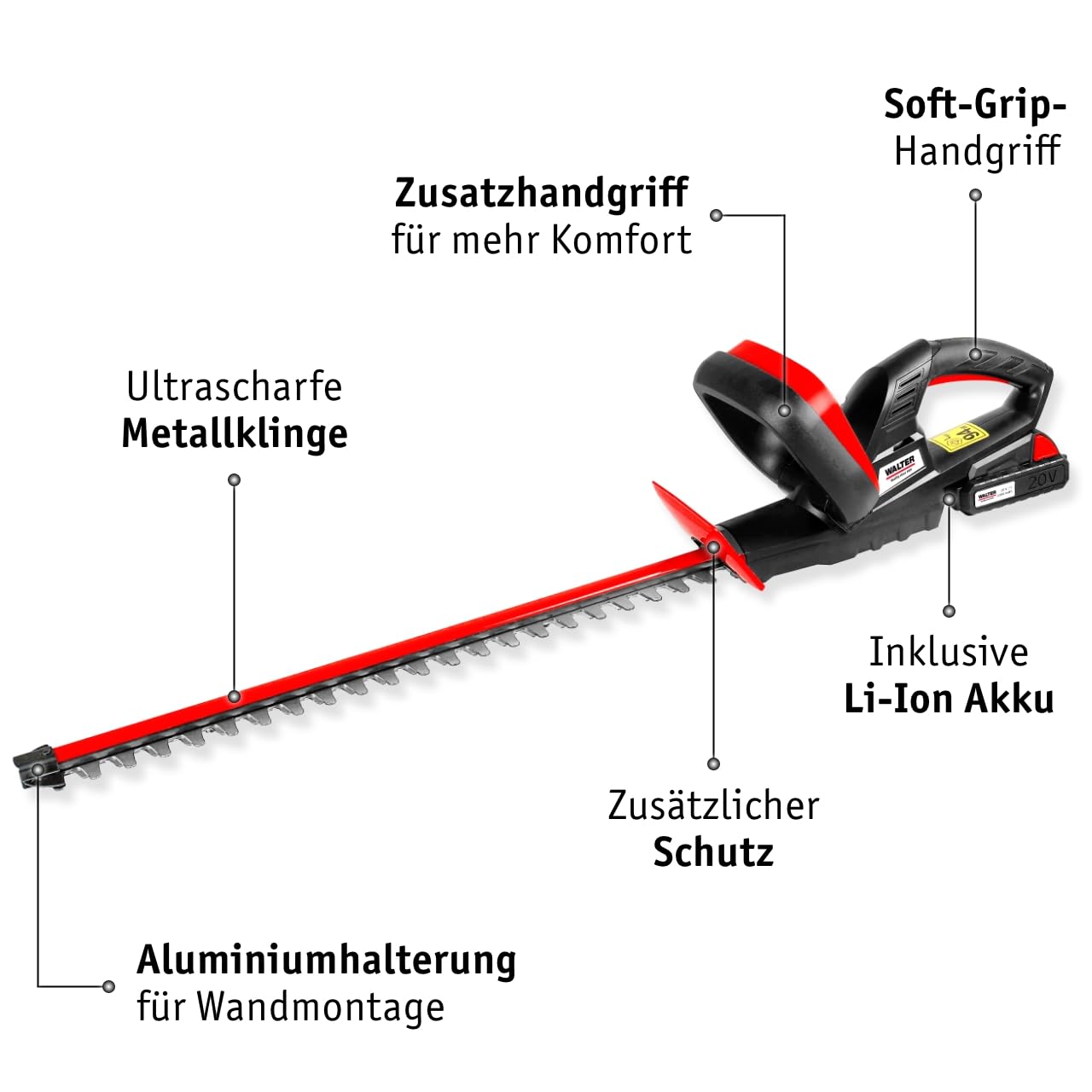 WALTER Li-Ion Akku-Heckenschere 20V, 45cm Schnittlänge | Zusatzhandgriff, Komfortables Arbeiten, schneidet präzise und ordentlich,Scharfes Metall Messer,längere Gartenarbeit geeignet