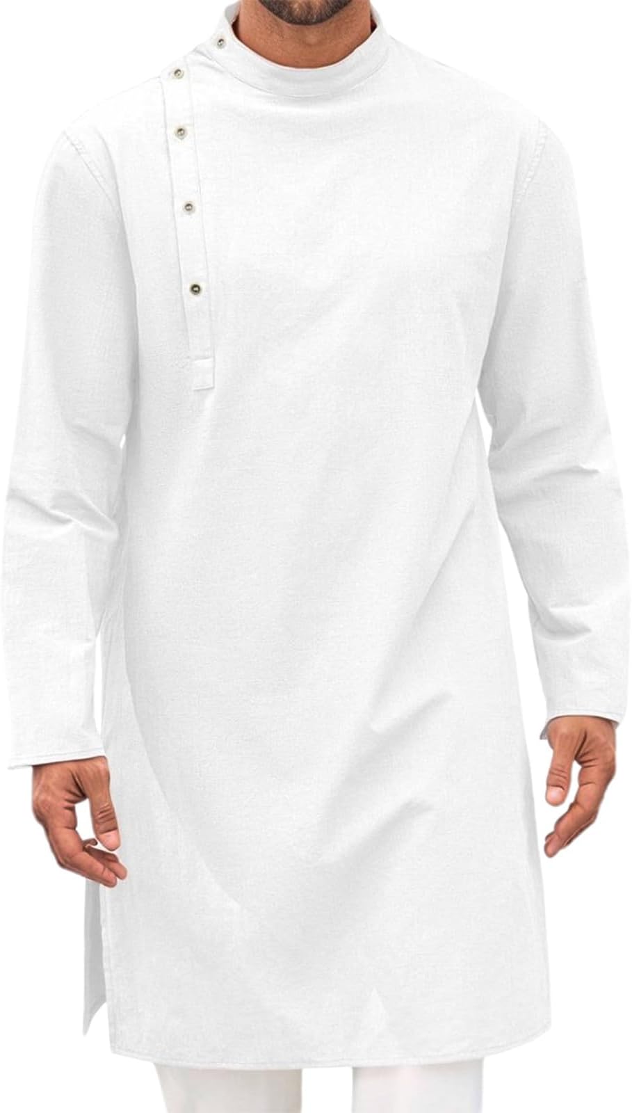 Kaftan Men's Muslim Robe Button Down Neck Long Sleeve Thobe Plain Long Casual Shirts Traditional Indian Clothing Kurta Side Split Muslim Shirt Dress Tunic