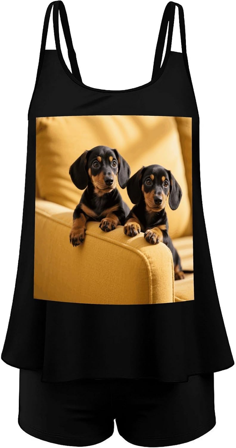 Cute Two Dachshund Dog Tankini Swimsuits for Women Tummy Control Two Piece Bathing Suits Swim Tops with Boy Shorts
